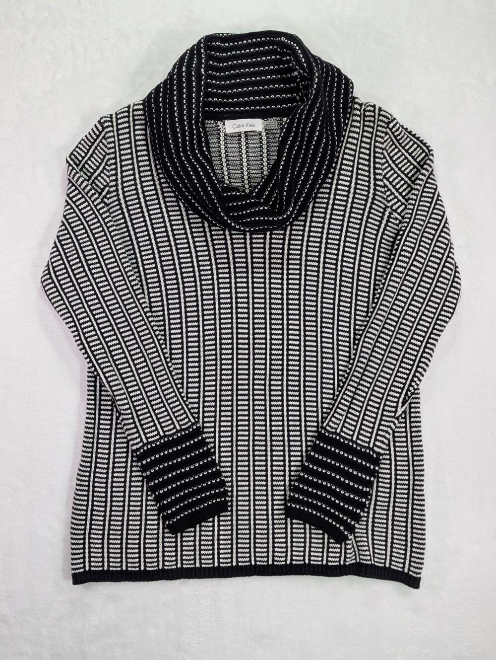 Calvin Klein L Black White Chunky Knit Cowl Neck Sweater